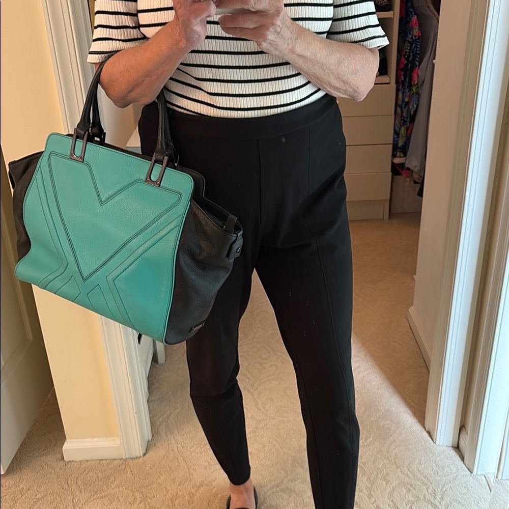Milly Black and Turquoise Satchel with Geometric Stitching - Picture 6 of 7